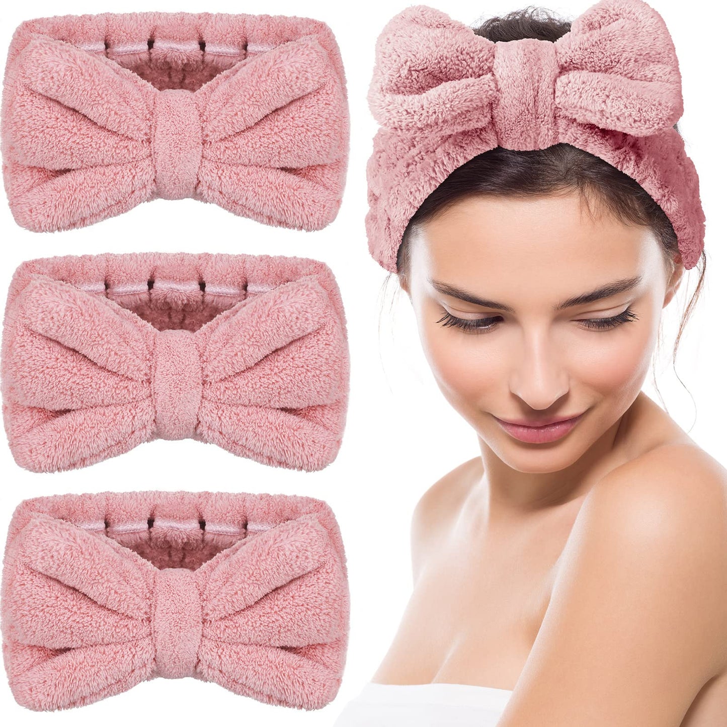 3 Pieces Towel Headbands for Women Makeup Headband for Washing Face Makeup Spa Headband Microfiber Bowtie Shower Headband for Women(Light Pink)